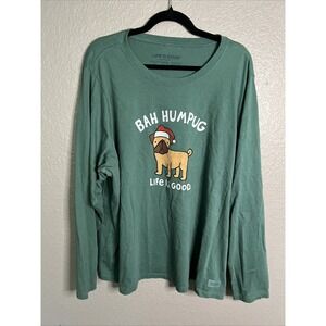 Life is Good Crusher Tee Shirt Christmas Mens XXXL Green Bah Humbug Pug Dog